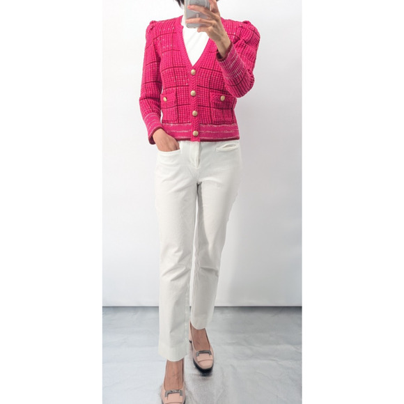 NWT L'Agence Jenni V-neck Cropped Knit Cardigan Size L Hot Pink #3E515 - Picture 3 of 15